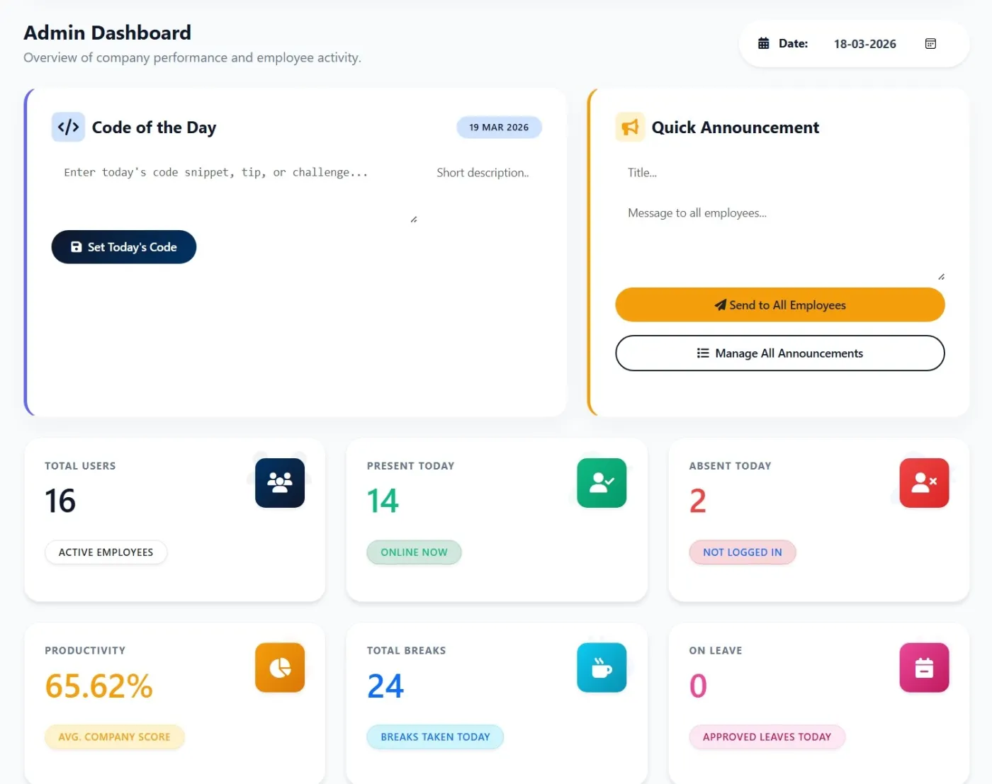 Zneus centralized admin dashboard showing company productivity overview