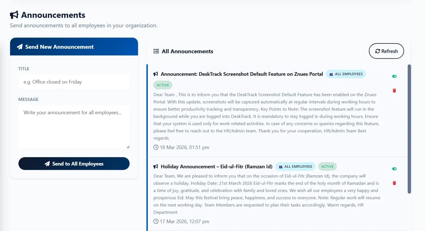 Announcements page in the Zneus admin panel