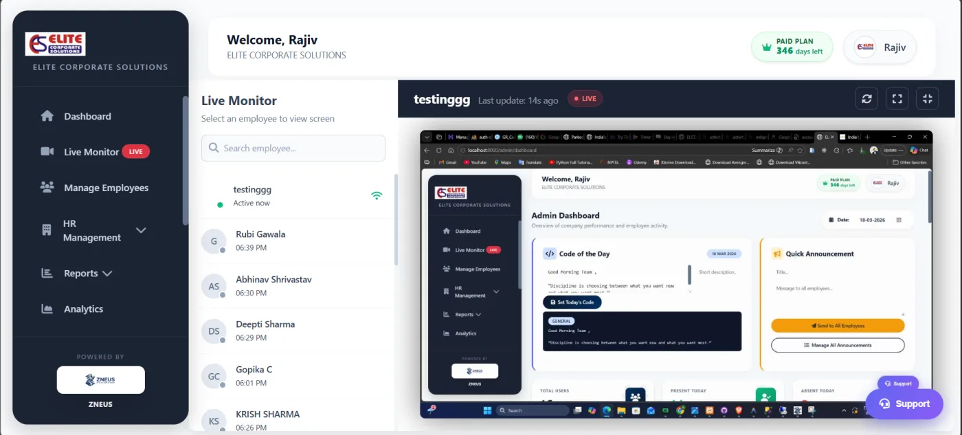 Live screen monitoring showing multiple employee desktops in real-time