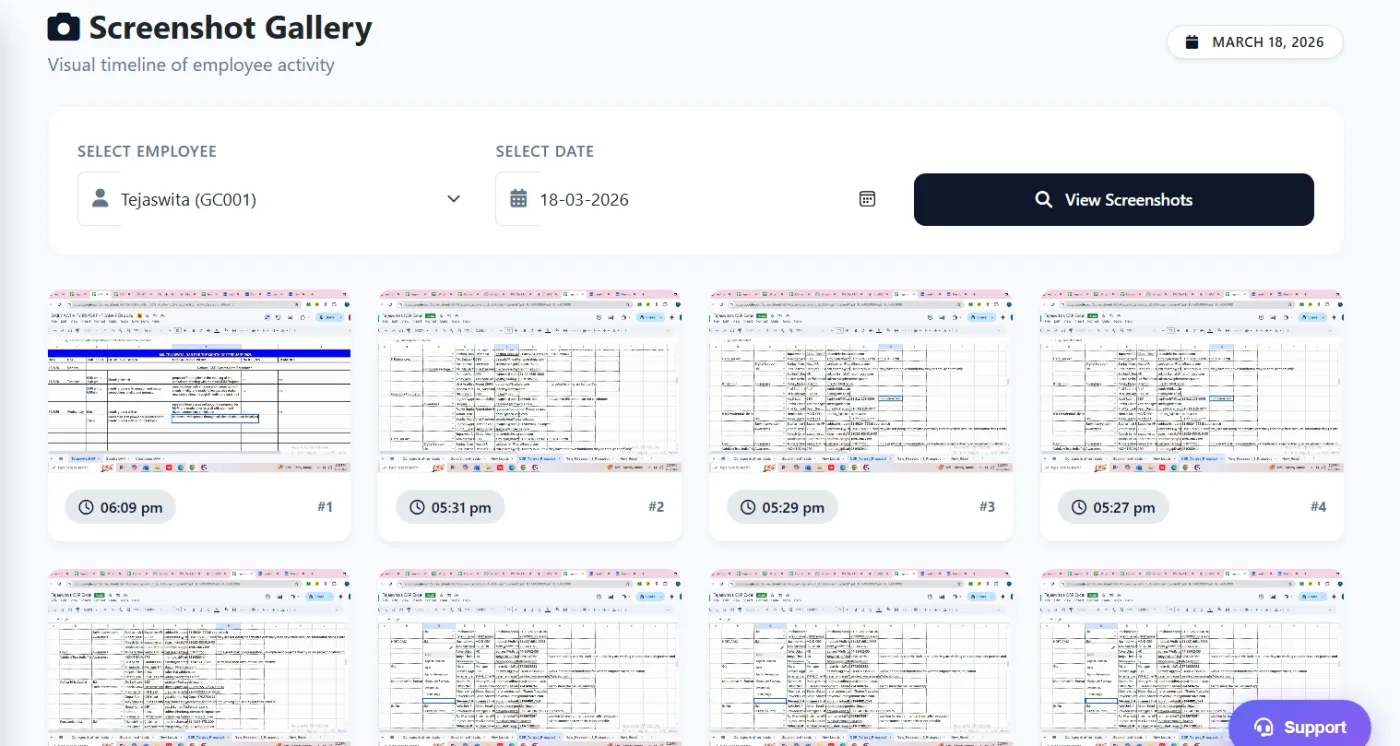 Automatic screenshot timeline showing employee work activity throughout the day