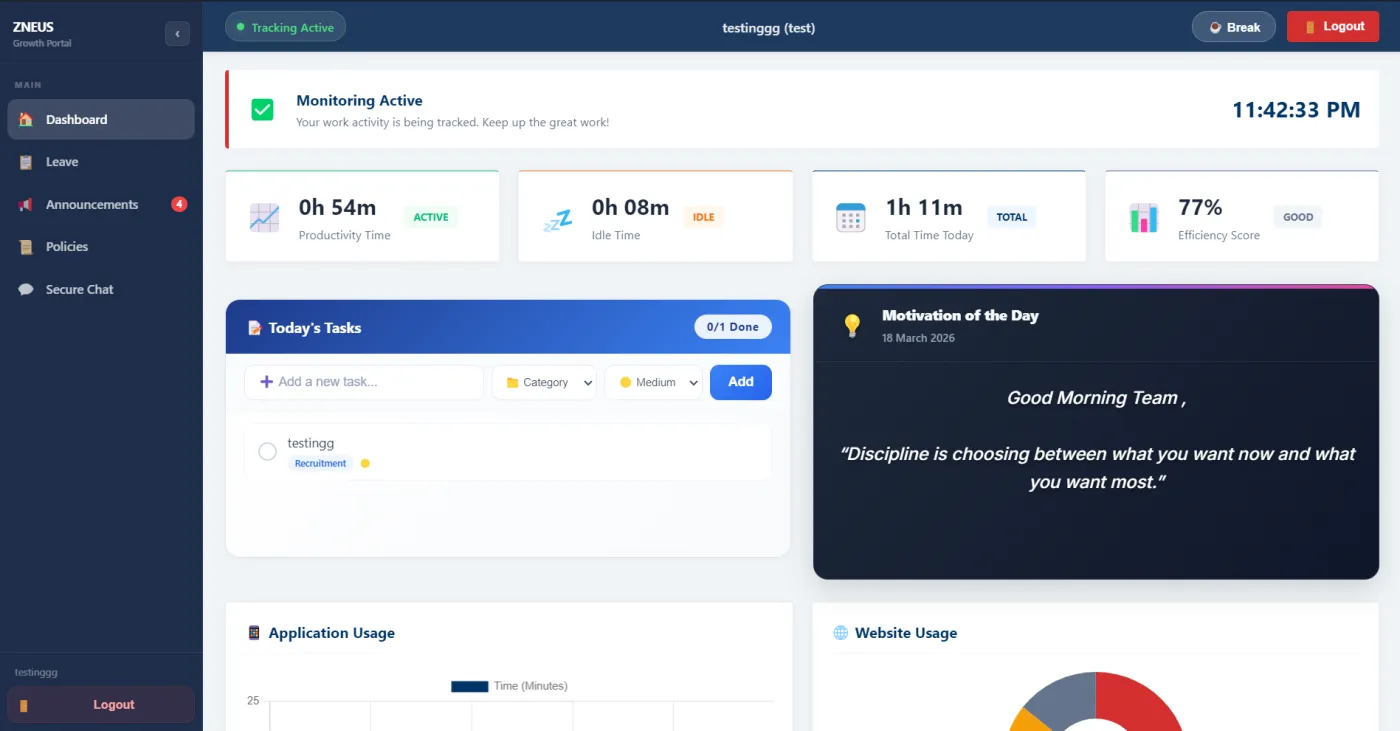 Zneus employee desktop app widget showing work time, breaks, and daily goals